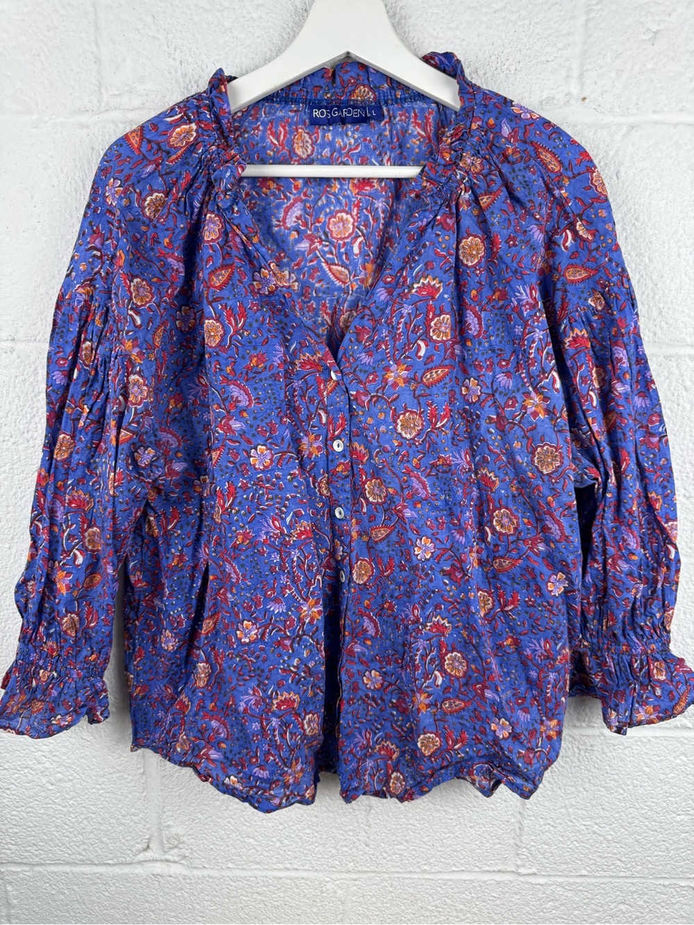 Anthropologie’s Ro’s Garden Rachel Floral Cotton Blouse Blue Cezane Size L